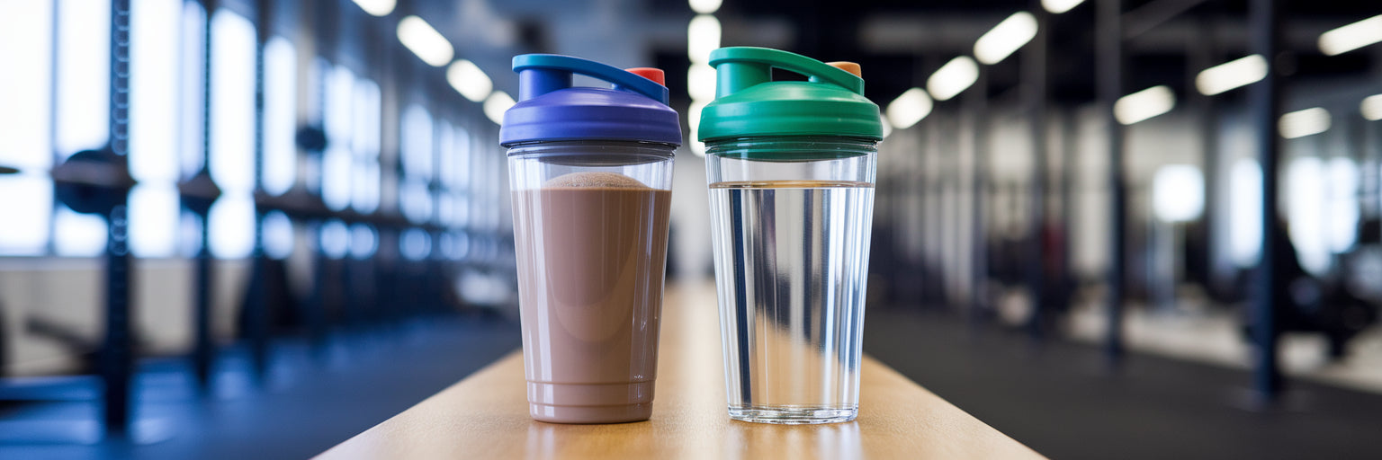 Vegan protein and creatine shakes in gym.