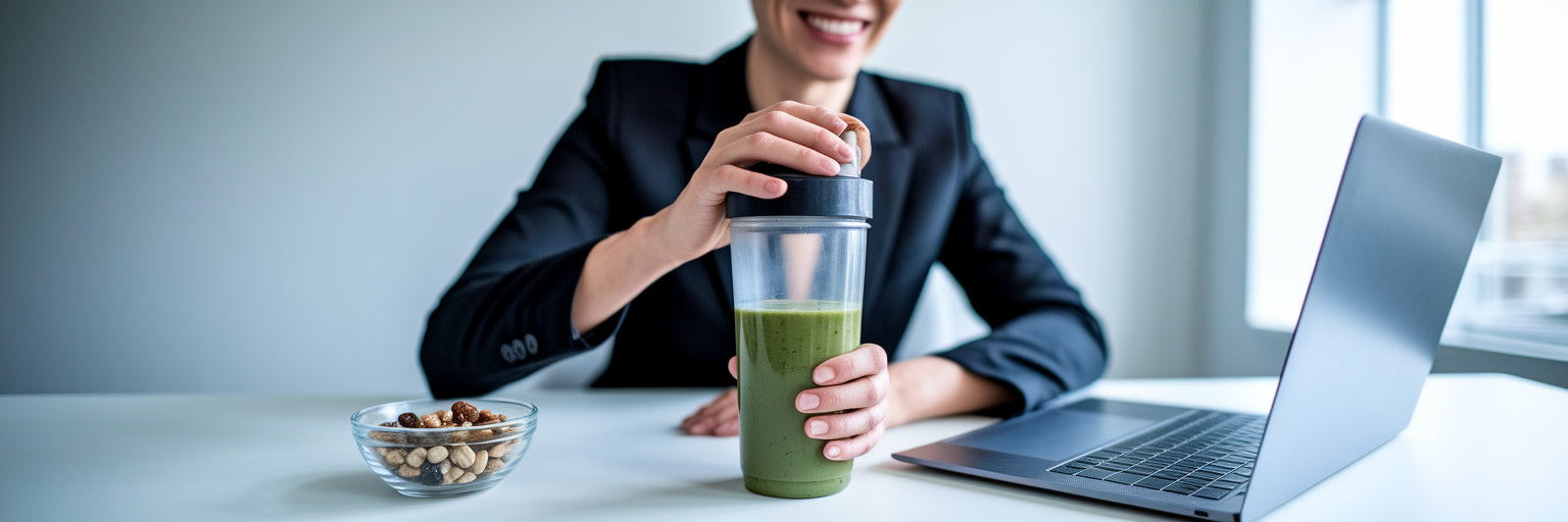 Professional enjoying a vegan protein smoothie.