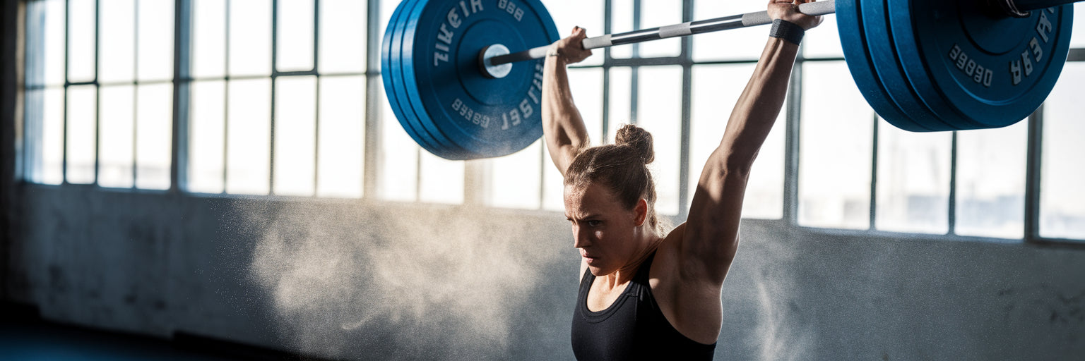 Athlete performing clean and jerk in gym.