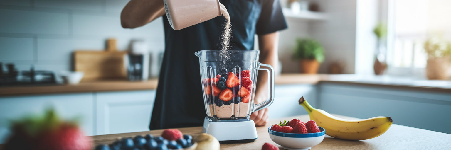 Person adding vegan protein to a smoothie.