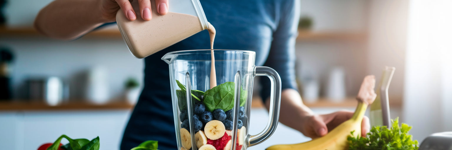 Person making a vegan protein smoothie.