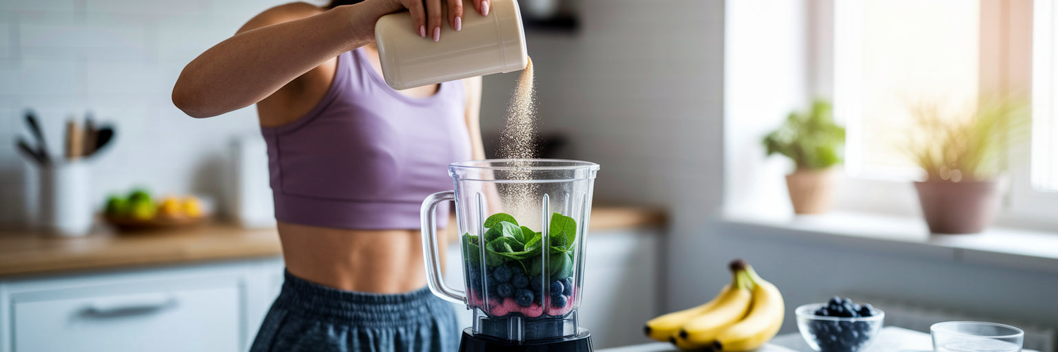Person adding vegan protein powder to blender