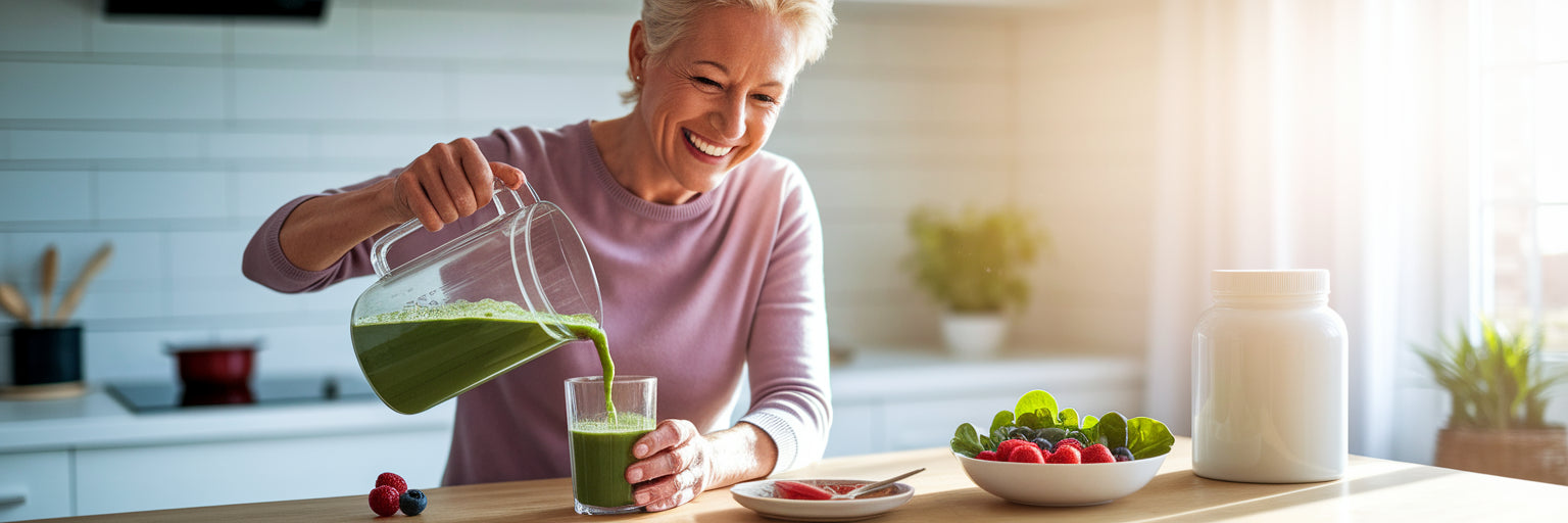 Older adult making a vegan protein smoothie.