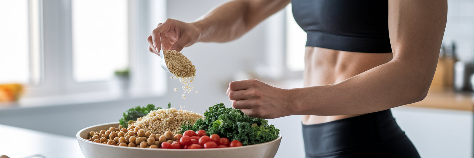 Person preparing a vegan fitness bowl