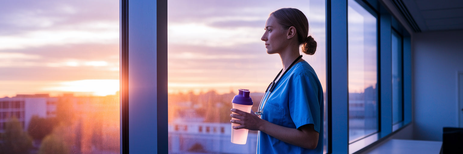 Nurse watching sunrise after night shift.