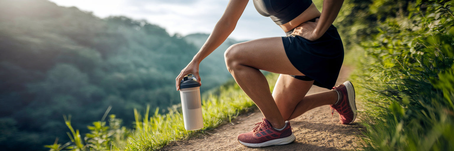 Athlete with protein shaker in a lush forest.