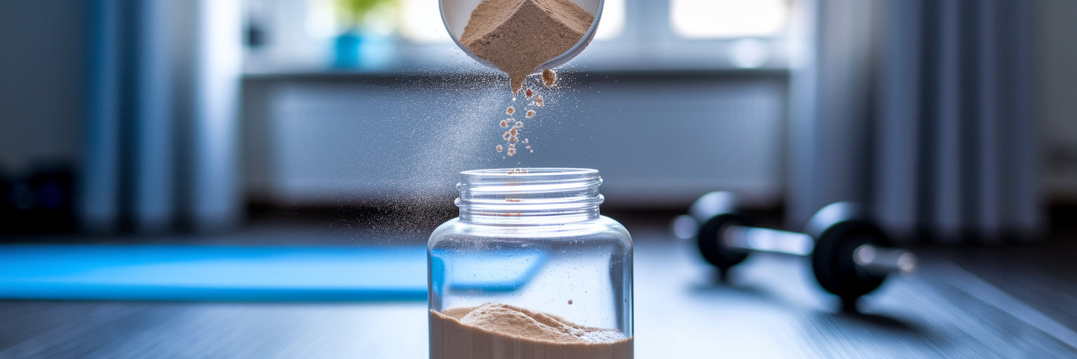 Scooping vegan protein powder into shaker