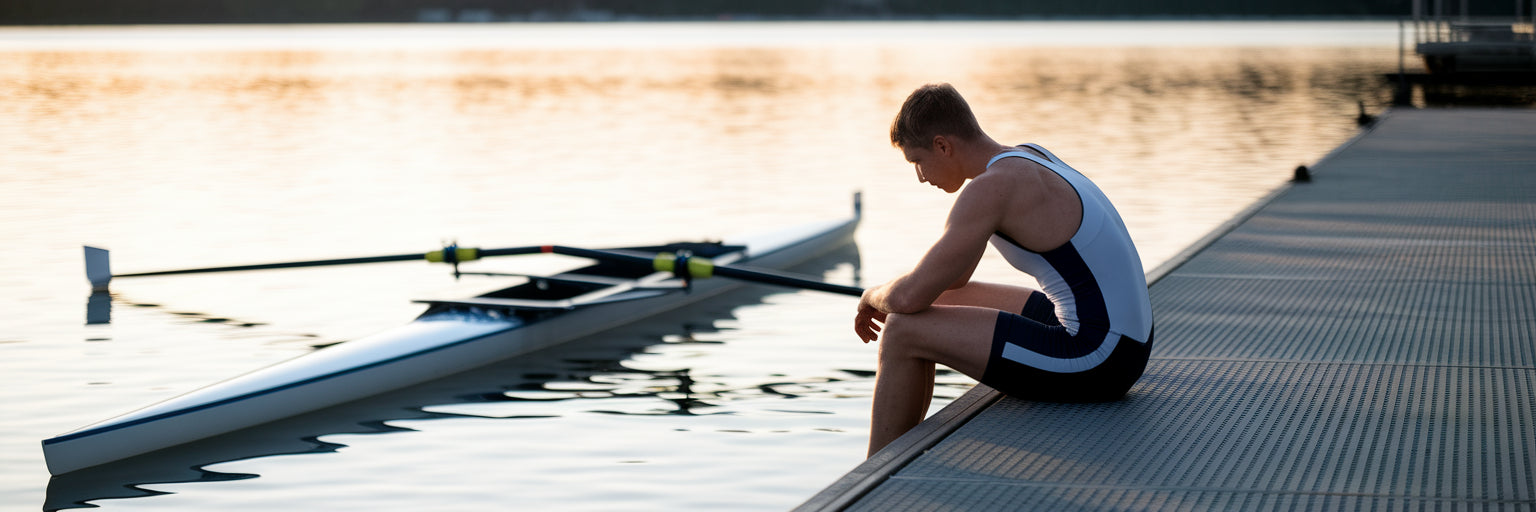 Rower resting on dock after training.