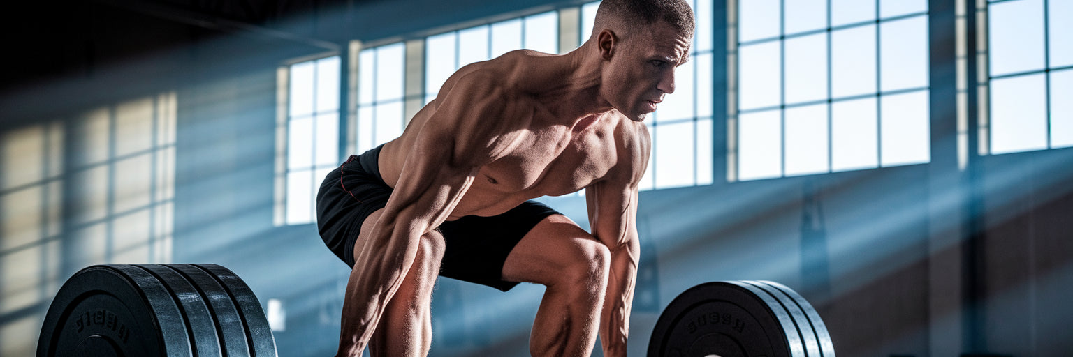 Vegan athlete performing a powerful deadlift.