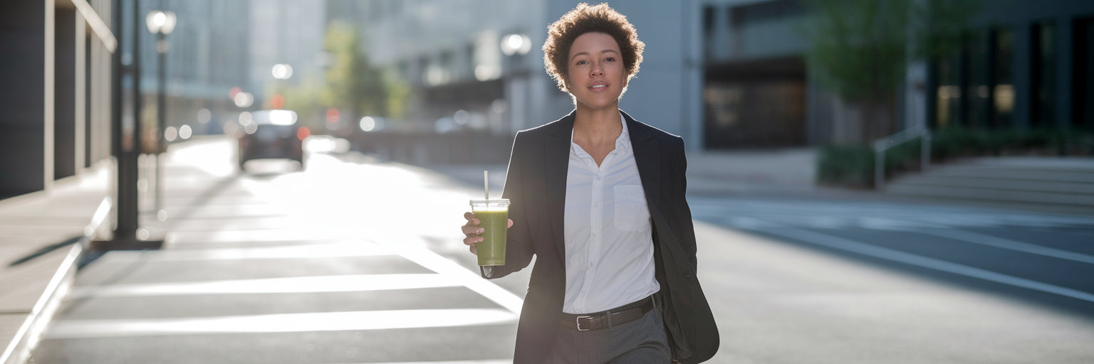 Energized professional with a healthy smoothie.