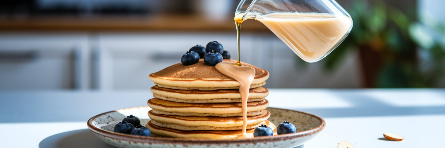 High-protein vegan syrup on pancakes.