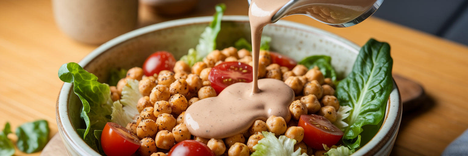 Pouring creamy vegan dressing onto salad