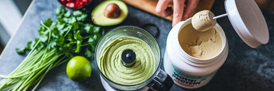Preparing a high-protein vegan avocado dip.