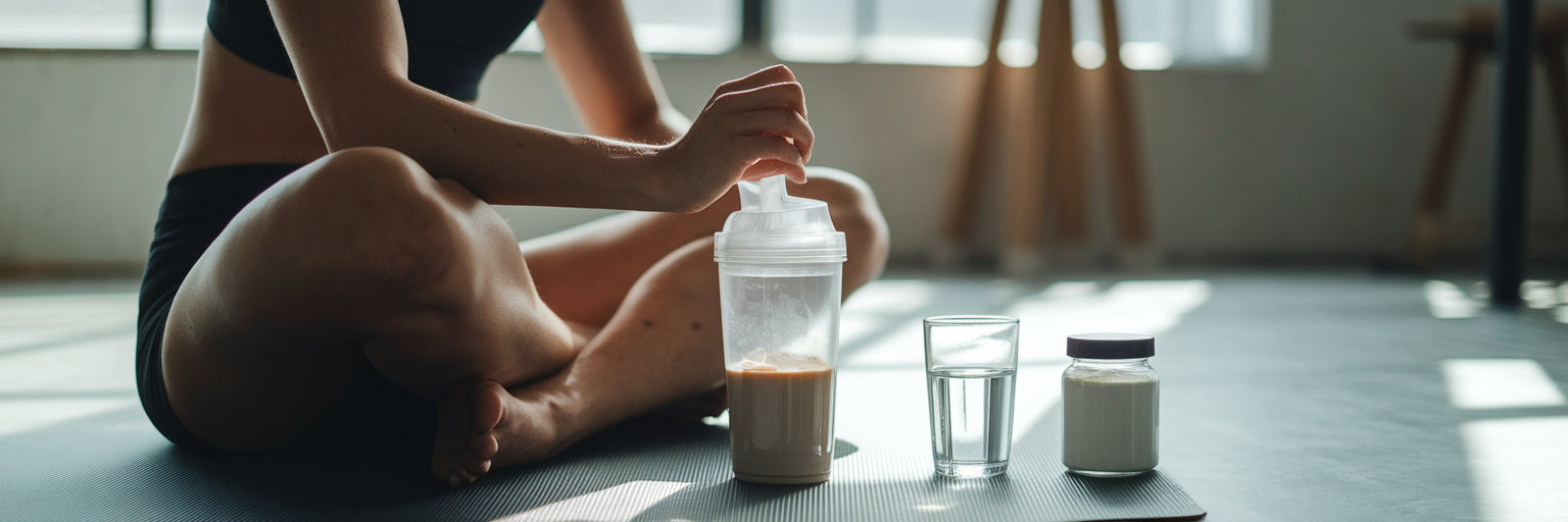 Person mixing vegan protein shake post-workout.