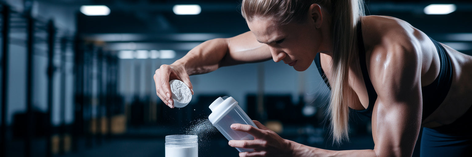Vegan athlete preparing creatine post-workout shake.
