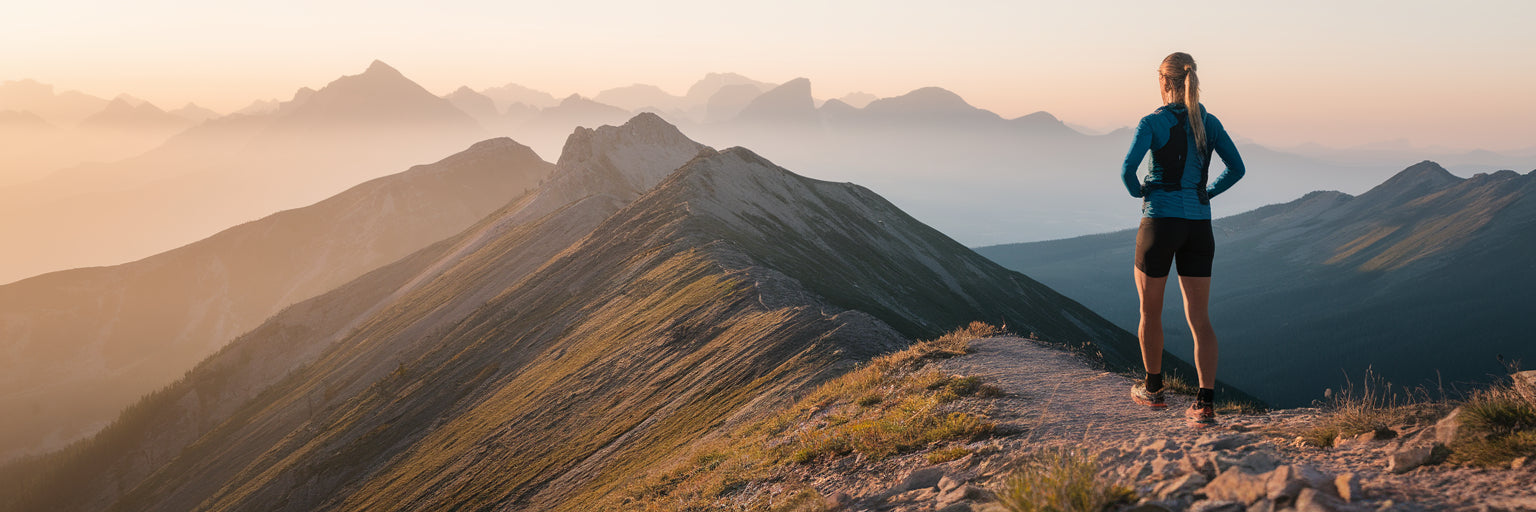 Endurance athlete recovering in mountain landscape.