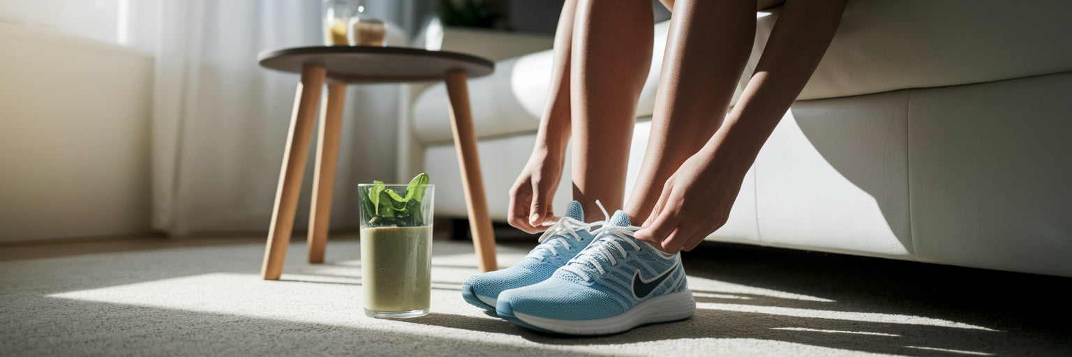 Preparing for morning workout and smoothie.