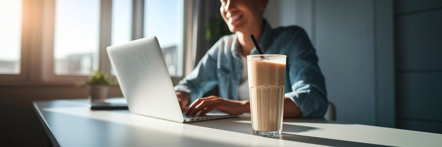 Energized remote worker with protein shake