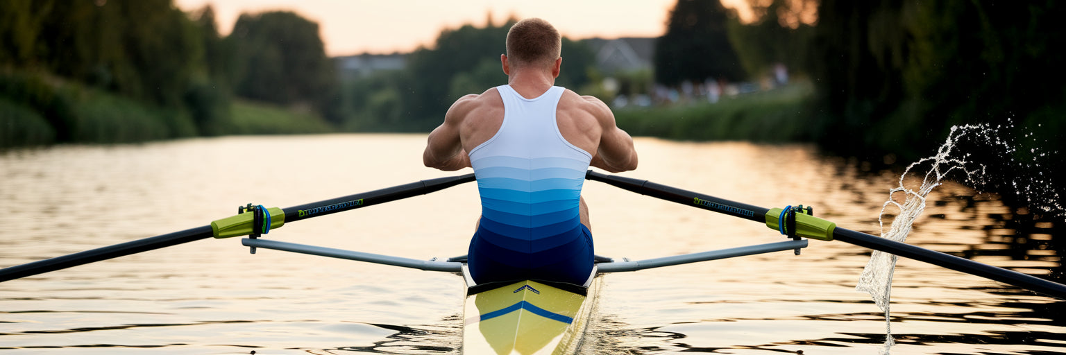 Rower training intensely on a river.