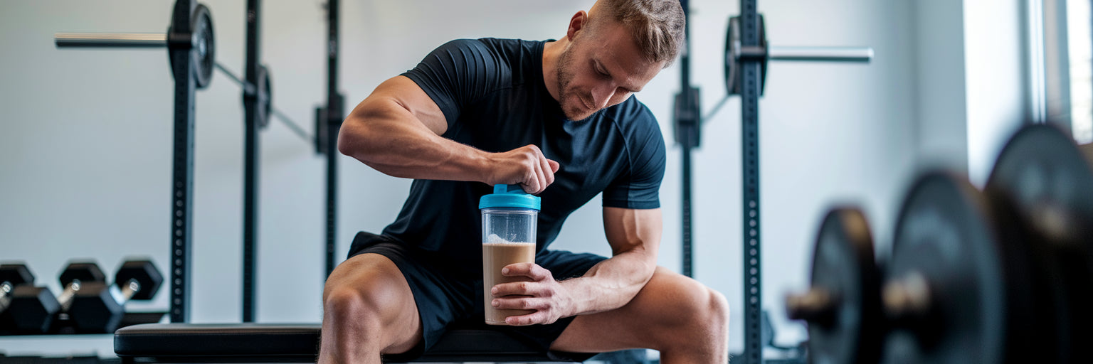 Weightlifter preparing vegan protein shake.