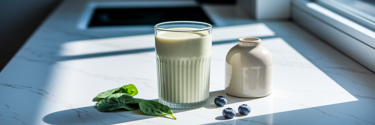 Vegan protein shake on kitchen counter.