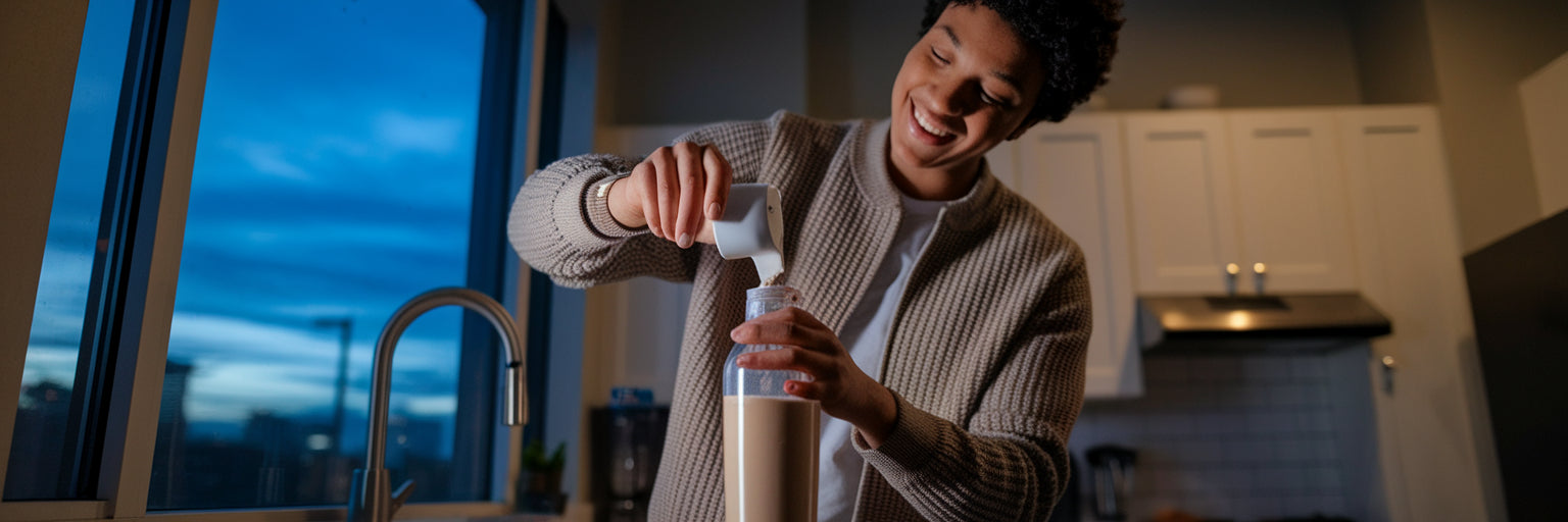 Person preparing vegan protein shake at night.