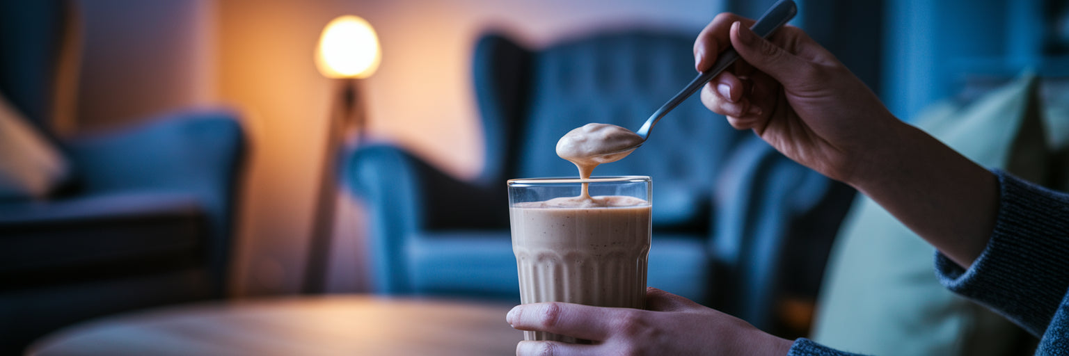 Stirring a vegan protein shake at night.