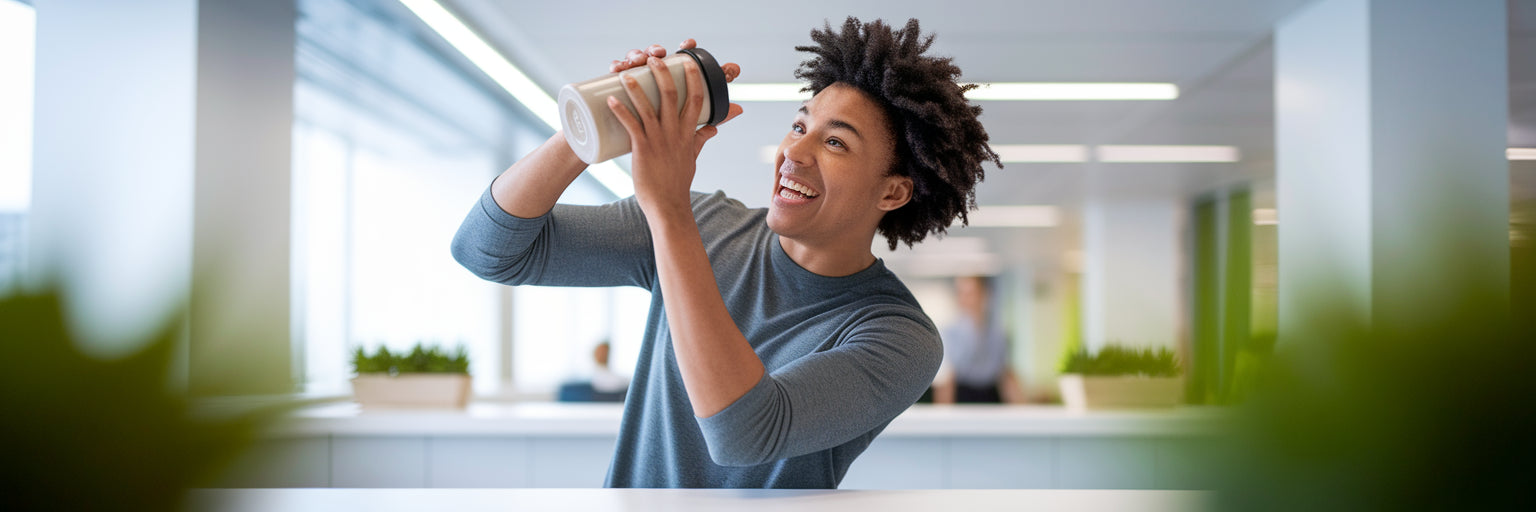 Person energetically mixing a vegan protein shake.