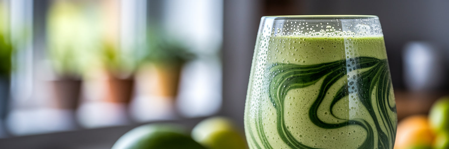 Fresh green vegan protein smoothie.