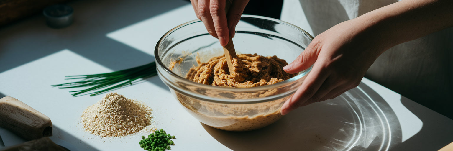 Hands mixing savory vegan protein batter