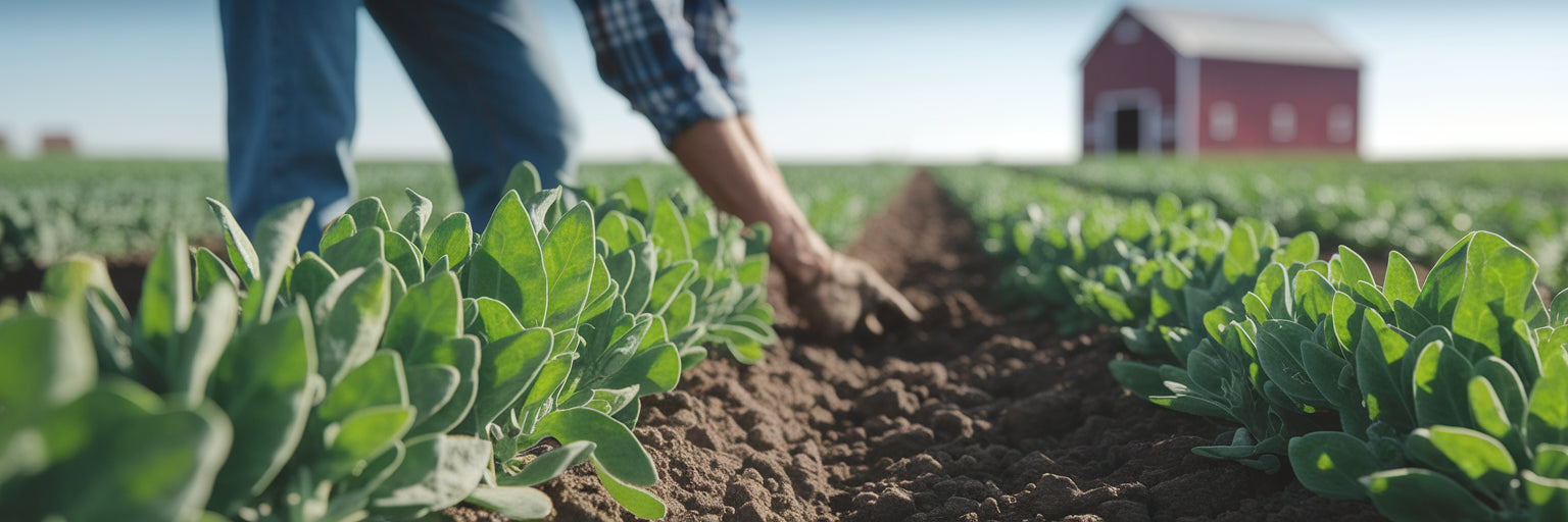 Farmer tending to sustainable pea field.