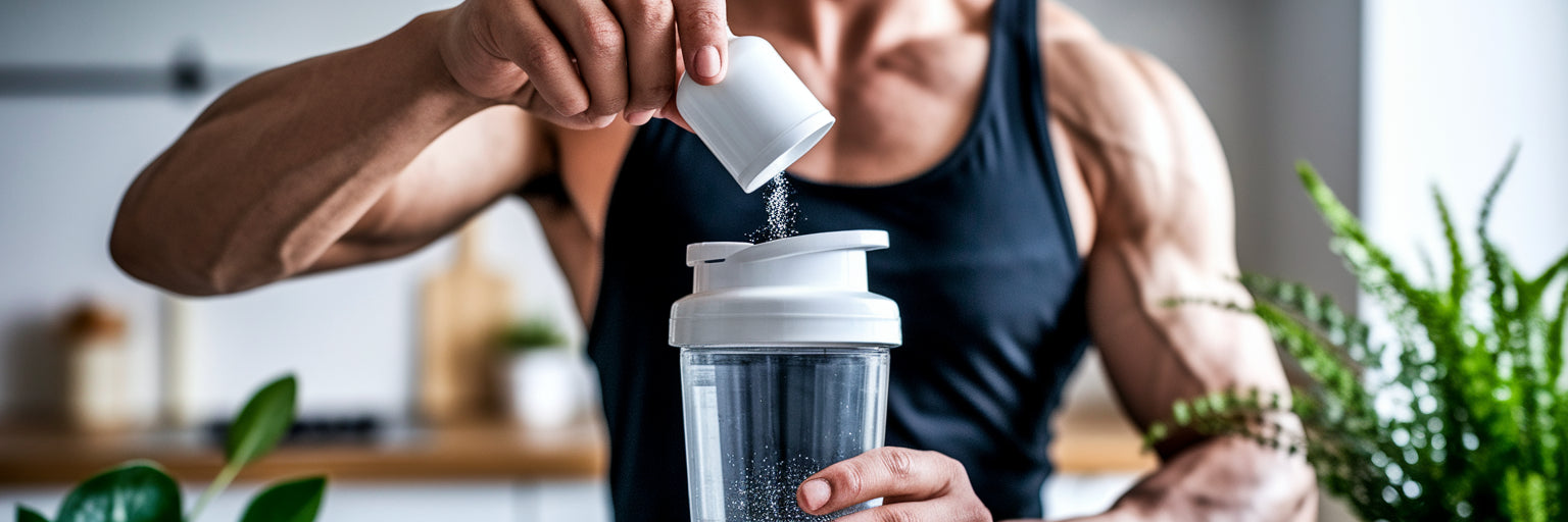 Person adding creatine to shaker bottle.