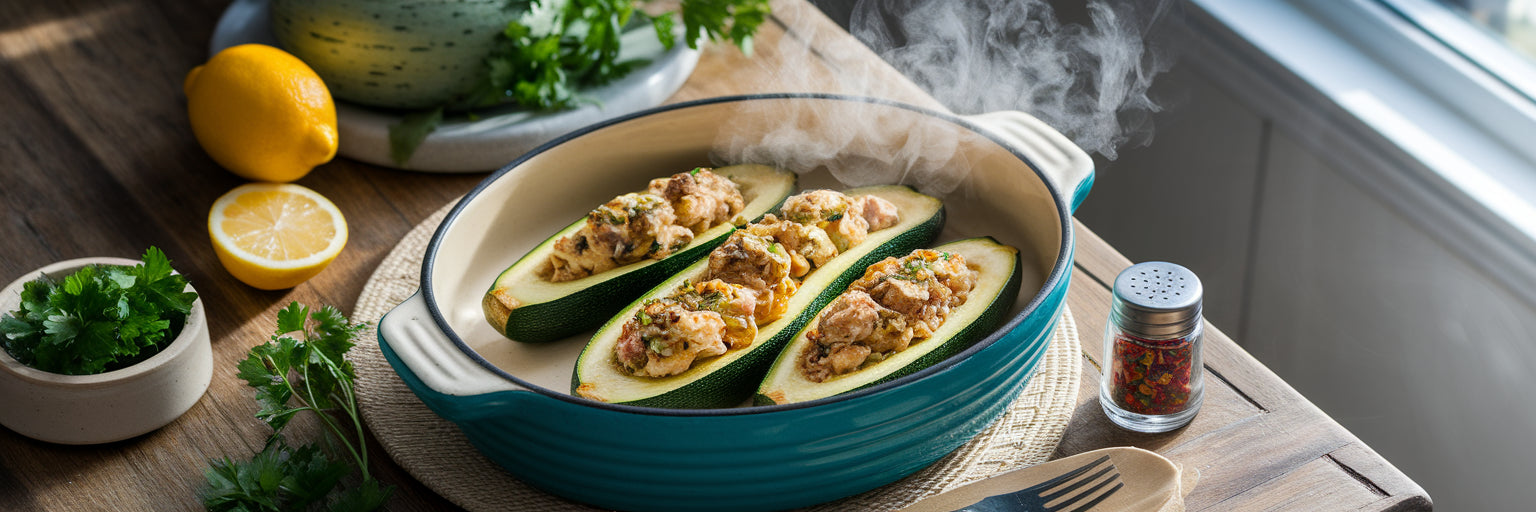 Freshly baked vegan stuffed zucchini dish.