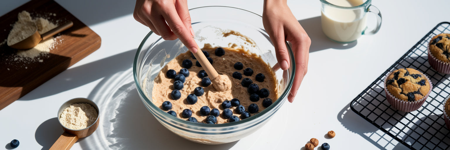 Mixing batter for vegan protein muffins.