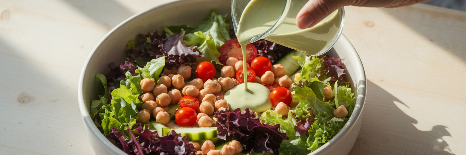 Drizzling protein dressing on a salad.