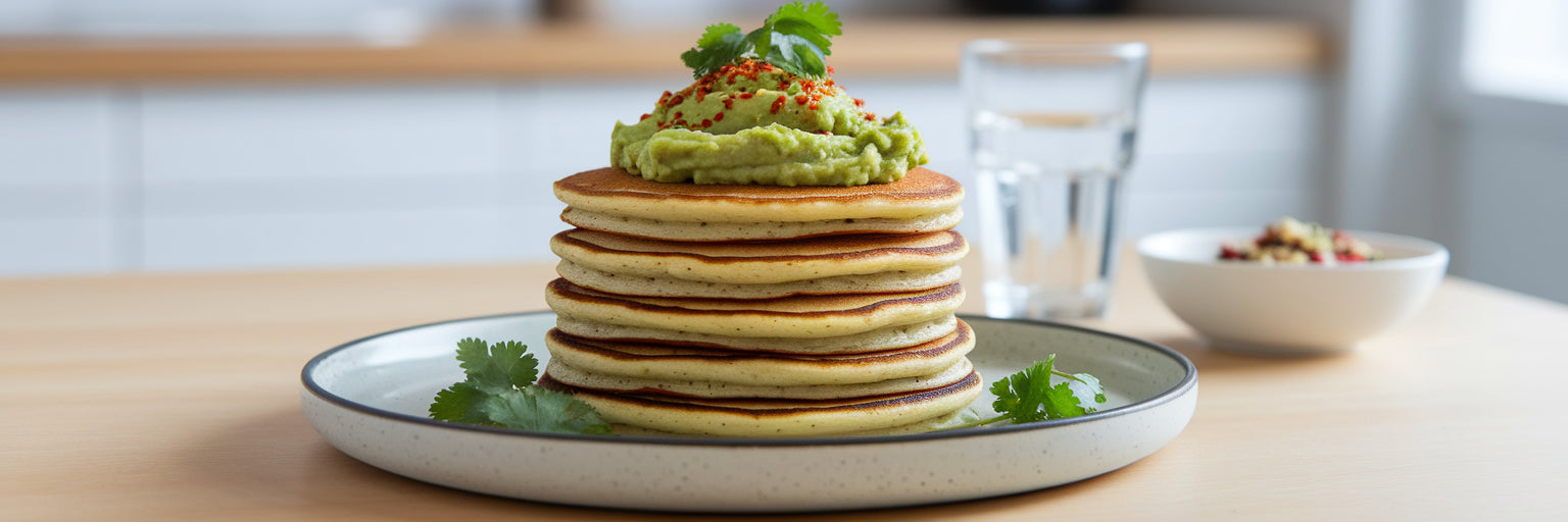 Savory vegan protein pancakes with avocado.