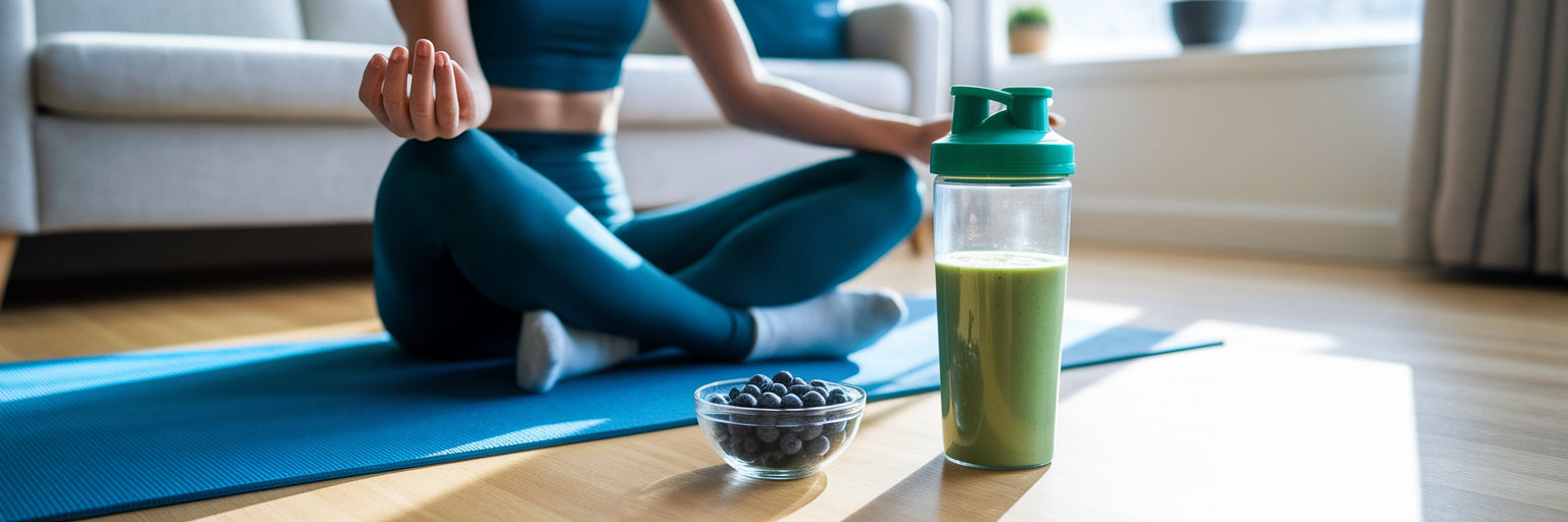 Person recovering after workout with vegan smoothie.