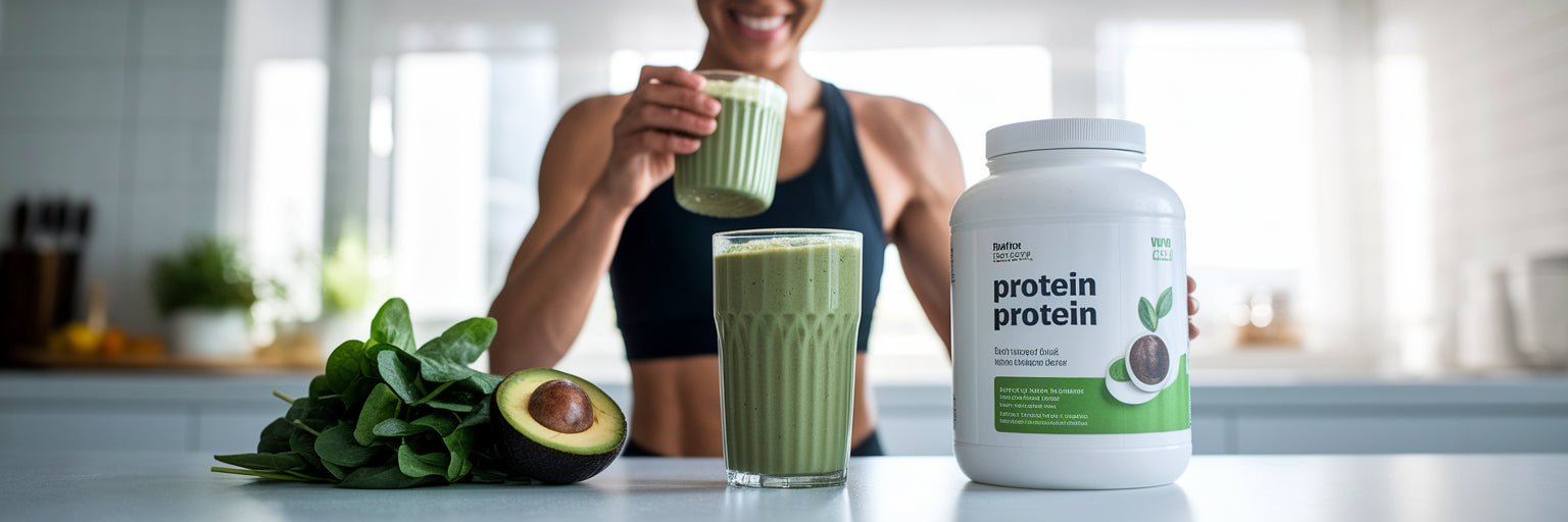 Person enjoying a green vegan protein smoothie.