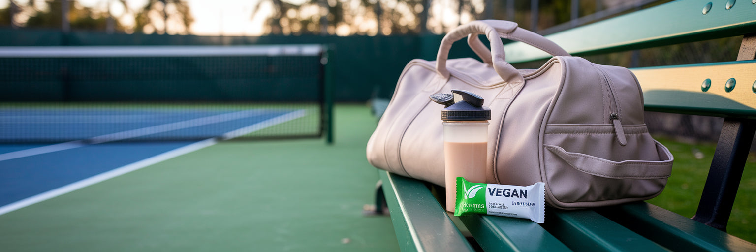 Vegan protein recovery items on tennis court