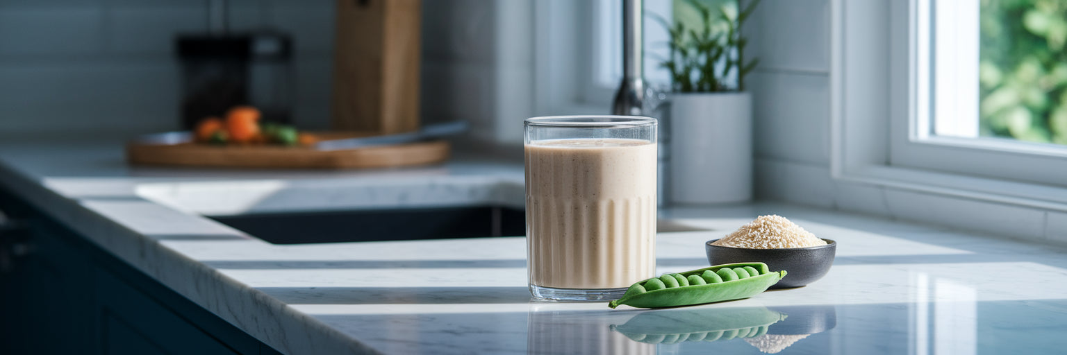 Gentle vegan protein shake on kitchen counter