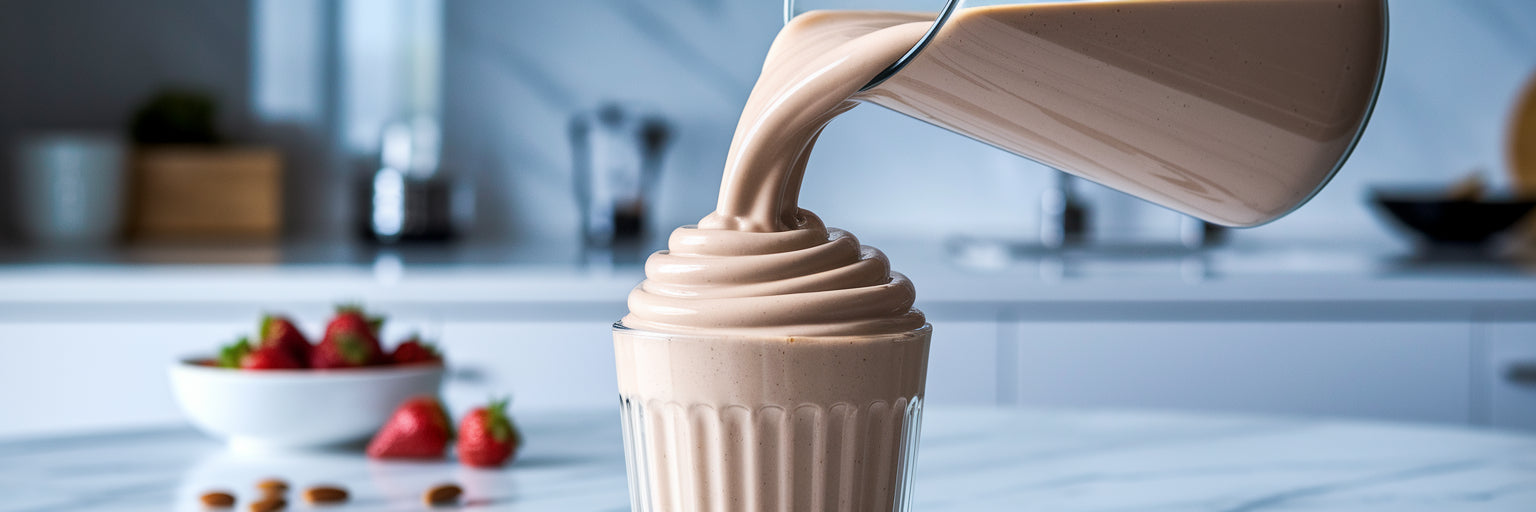 Creamy vegan protein shake being poured smoothly.
