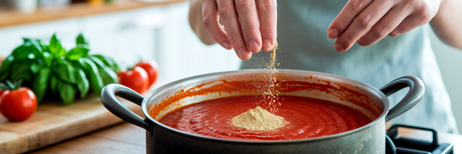 Adding protein powder to pizza sauce.
