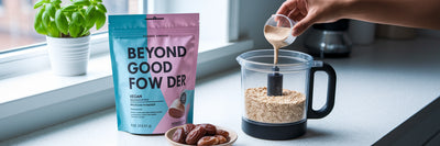 Making homemade vegan protein bars in kitchen.