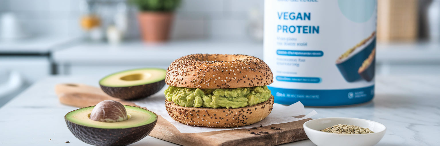 Freshly baked vegan protein bagel with avocado.