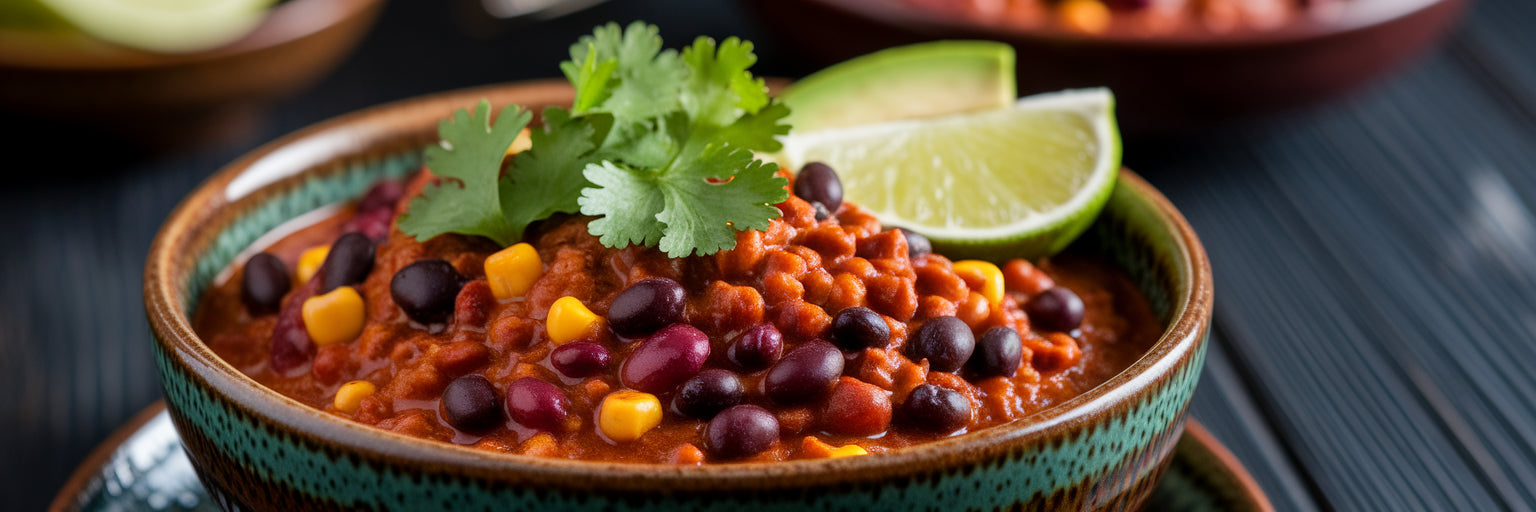 Hearty bowl of high protein vegan chili.