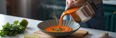 Pouring high-protein vegan soup into bowl