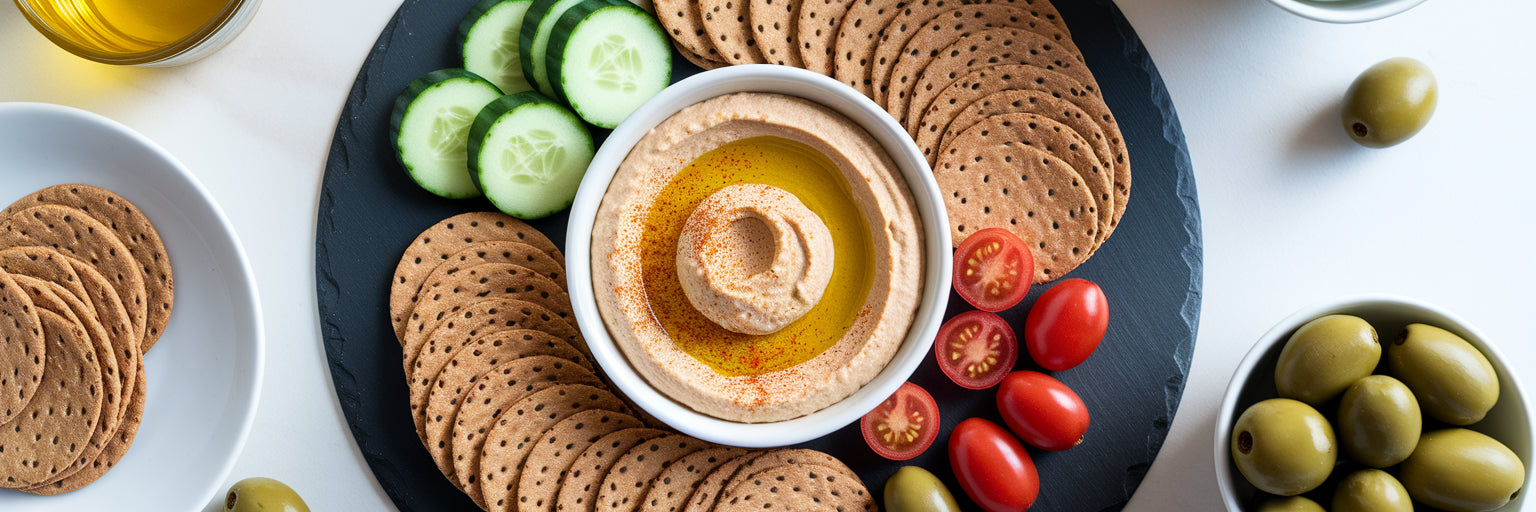 Platter of high-protein vegan crackers with hummus.