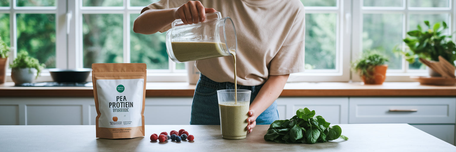 Person pouring a green protein smoothie