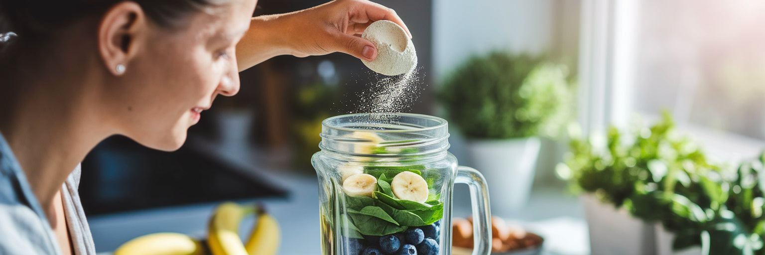 Person making a healthy vegan protein smoothie.