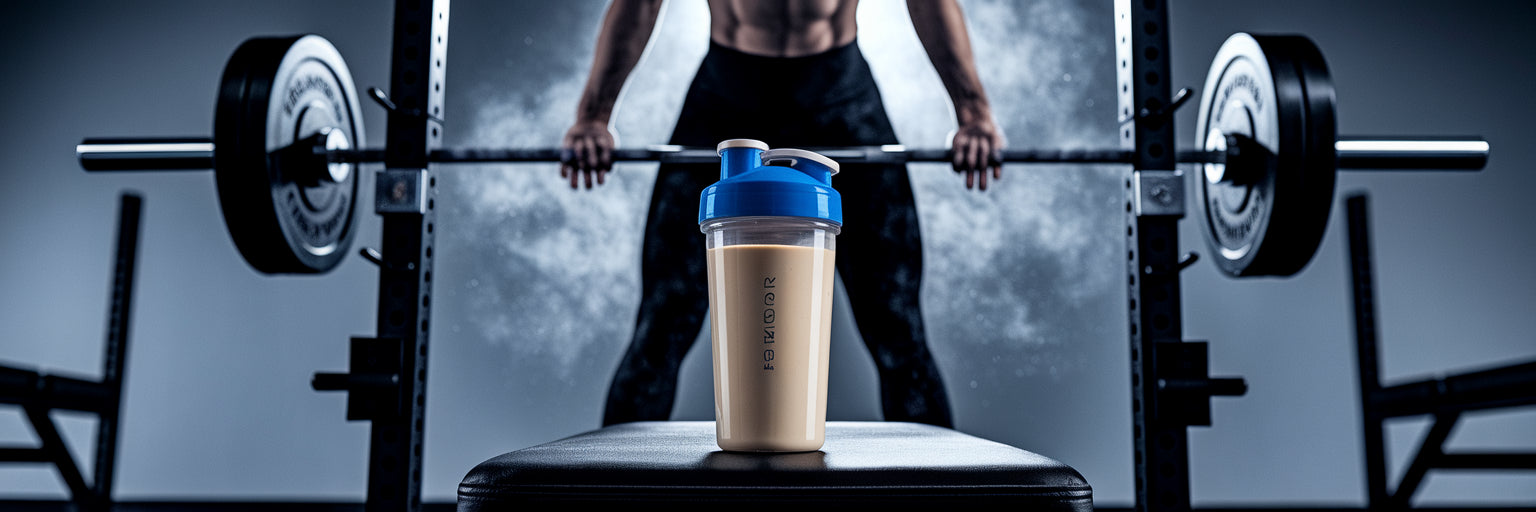 Weightlifter preparing for a lift with protein shake nearby.
